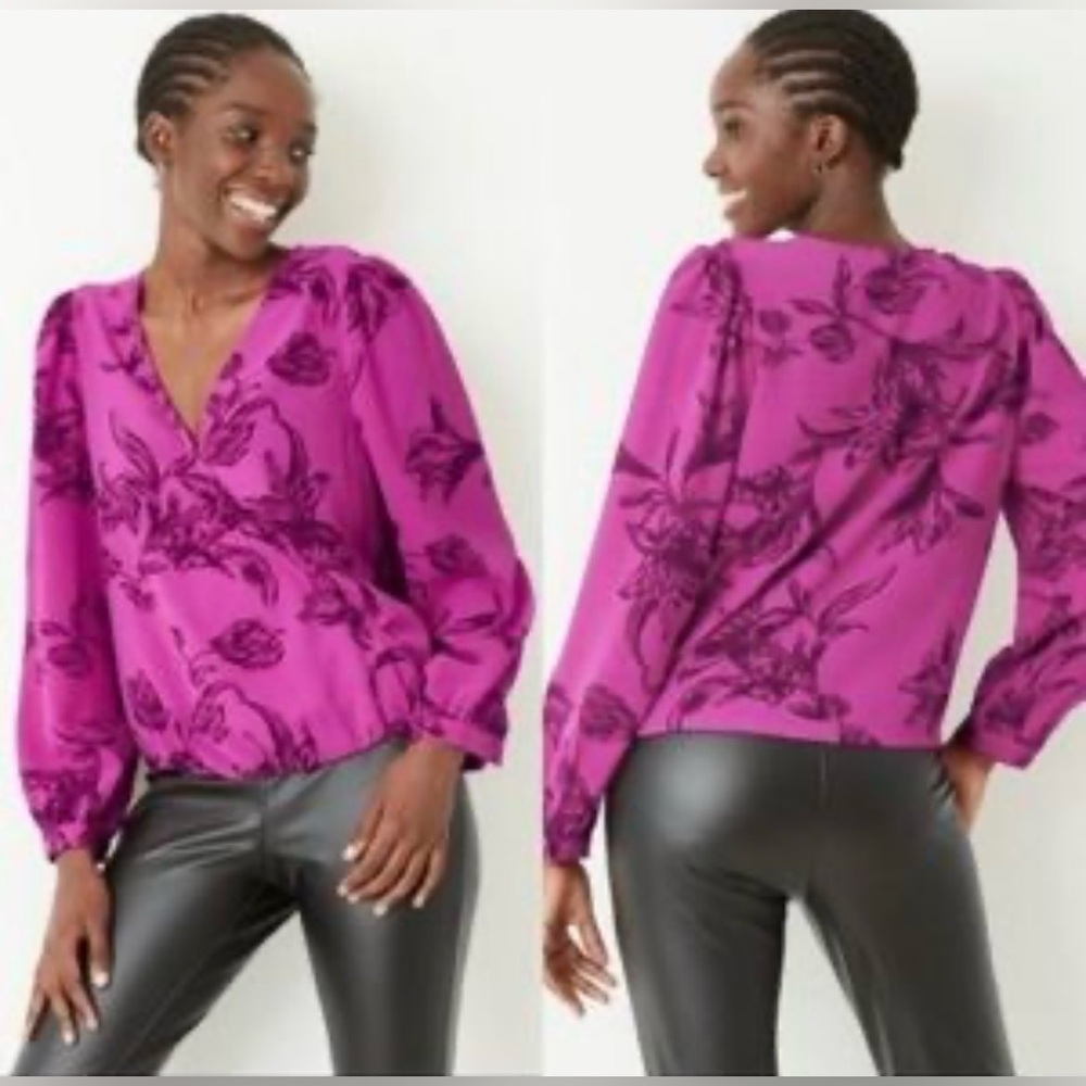 A New Day Purple Floral Puff Long Sleeve Cropped Wrap Top XL - Picture 2 of 11